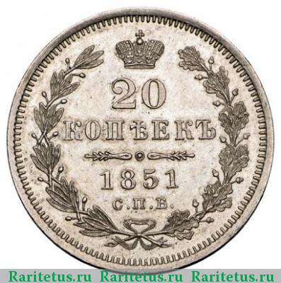 Реверс монеты 20 копеек 1851 года СПБ-ПА 