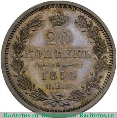Реверс монеты 20 копеек 1854 года СПБ-HI 