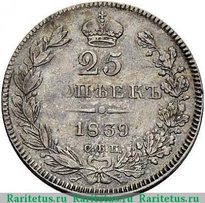 Реверс монеты 25 копеек 1839 года СПБ-НГ ошибка