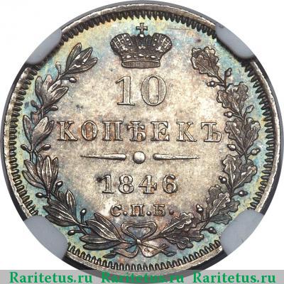 Реверс монеты 10 копеек 1846 года СПБ-ПА корона широкая