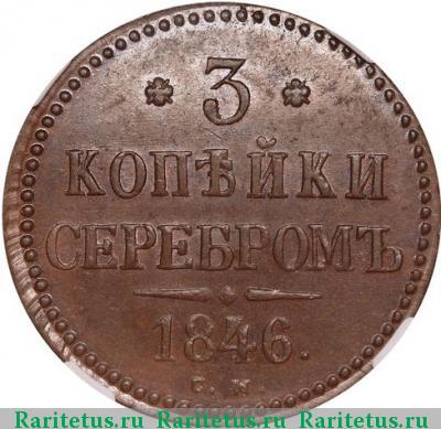 Реверс монеты 3 копейки 1846 года СМ 