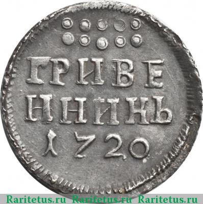 Реверс монеты гривенник 1720 года  год цифрами