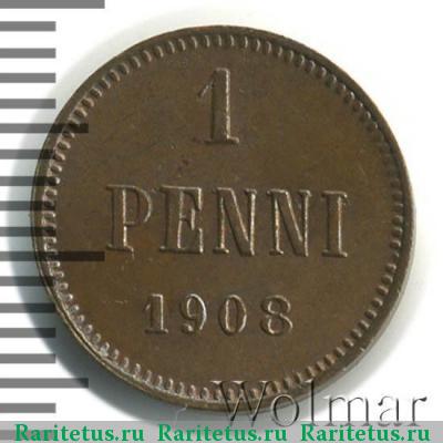 Реверс монеты 1 пенни (penni) 1908 года  