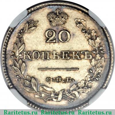 Реверс монеты 20 копеек 1826 года СПБ-НГ с опущенными крыльями