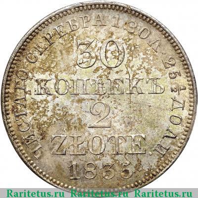 Реверс монеты 30 копеек - 2 злотых 1835 года MW 