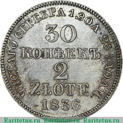 Реверс монеты 30 копеек - 2 злотых 1836 года MW 