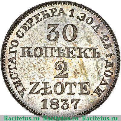 Реверс монеты 30 копеек - 2 злотых 1837 года MW хвост прямой