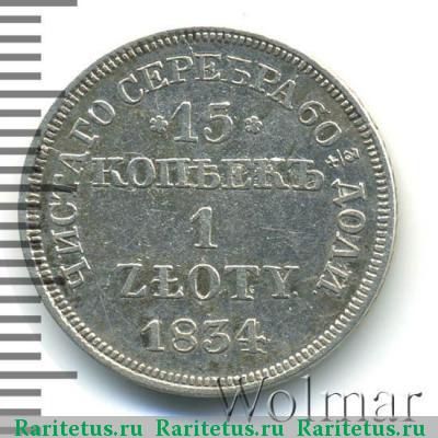 Реверс монеты 15 копеек - 1 злотый 1834 года MW 